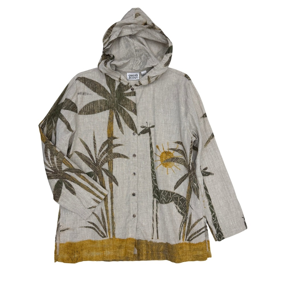 Vintage Chico's Design 100% Linen Hooded Jacket Safari Giraffe Palm Print